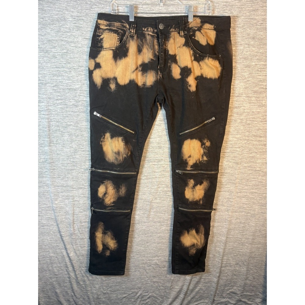 CJ Black Premium Mens Moto Pants 36x32 Zipper Bleached Tie Dye Skinny Flex Jeans